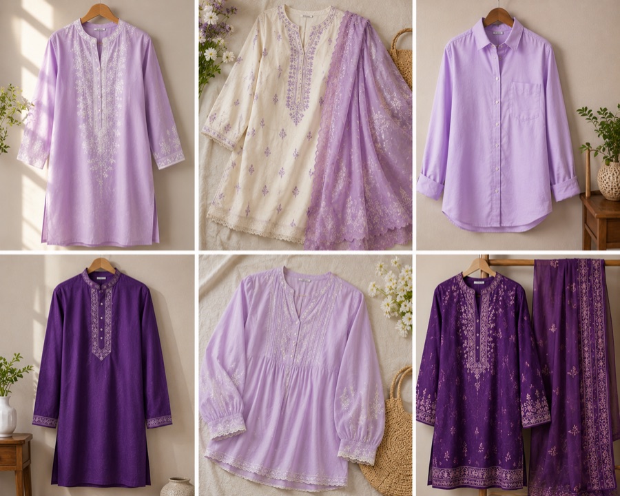 A grid of lilac and purple hand-block printed kurtis from the shop's new collection